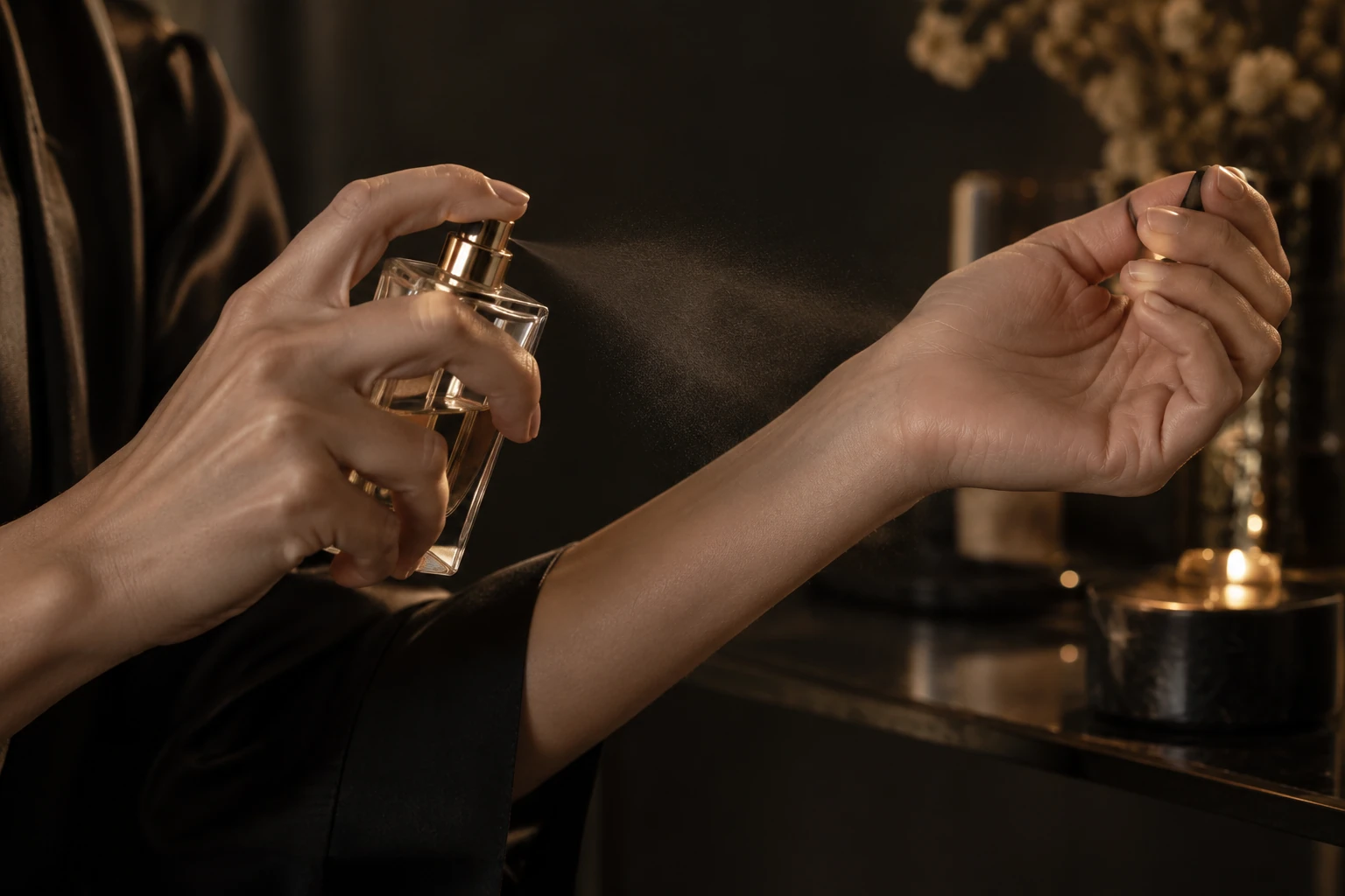 Parfum wird auf ein Handgelenk gesprüht