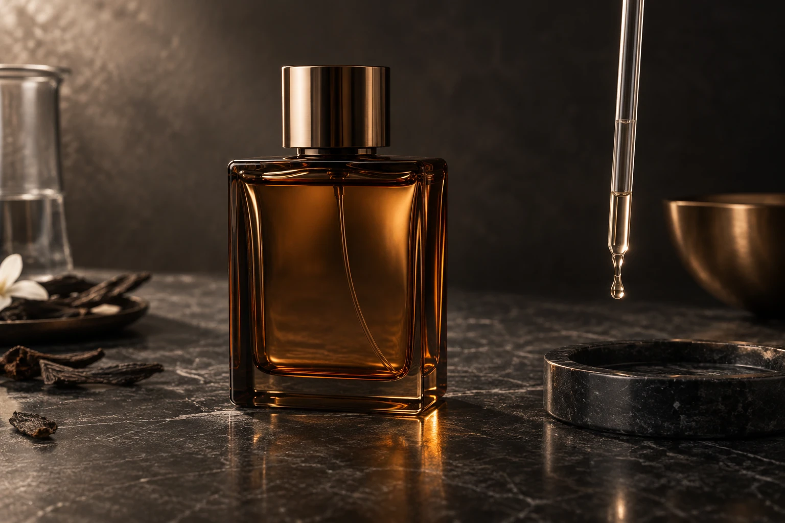 Parfumflacon und Pipette als Motiv zur Flüssigkeitsmenge