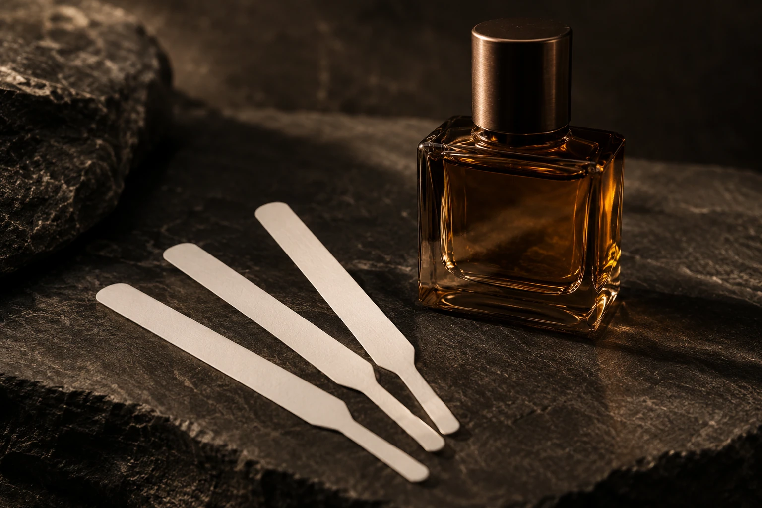Duftteststreifen neben einem Parfumflacon